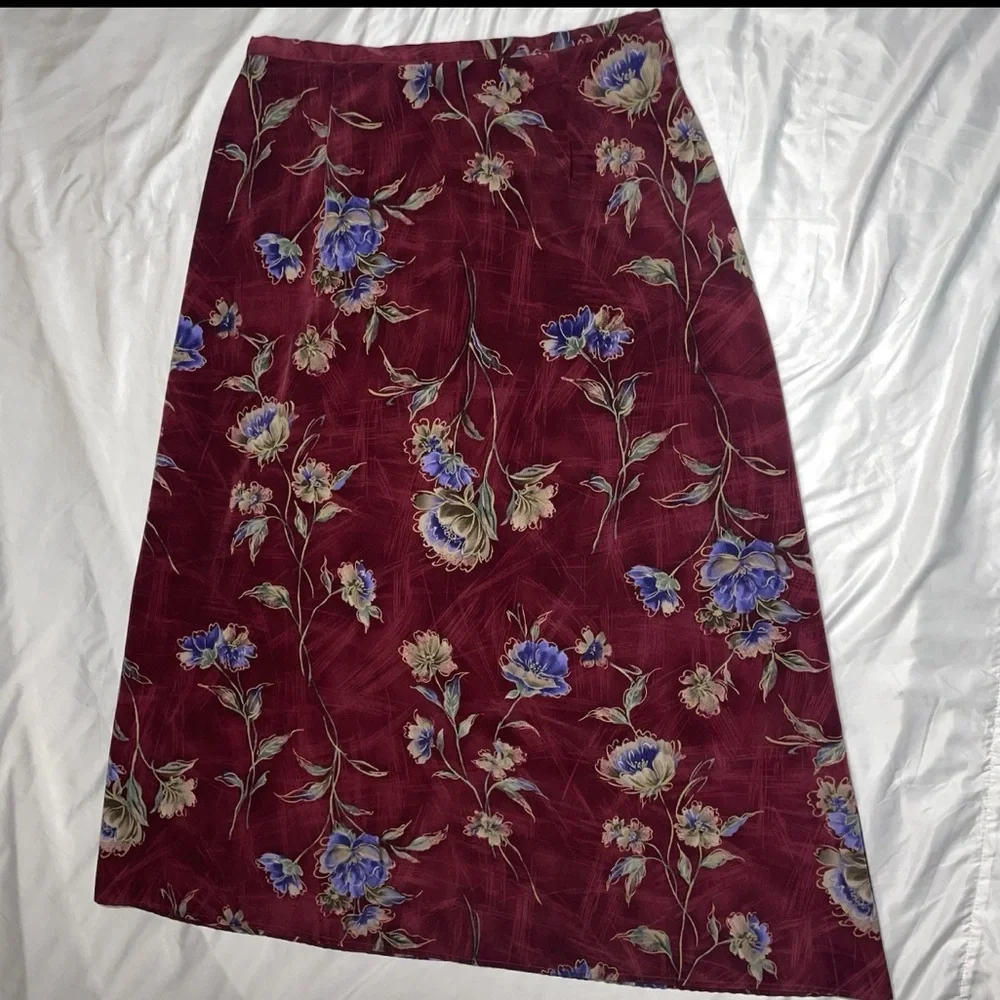 Wine Red Whimsigoth Botanical Floral Print Aline Midi Skirt Size 14
